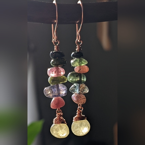Rainbow Tourmaline Gemstone Earrings Artisan Copper Wire Wrap Design - Picture 14 of 14